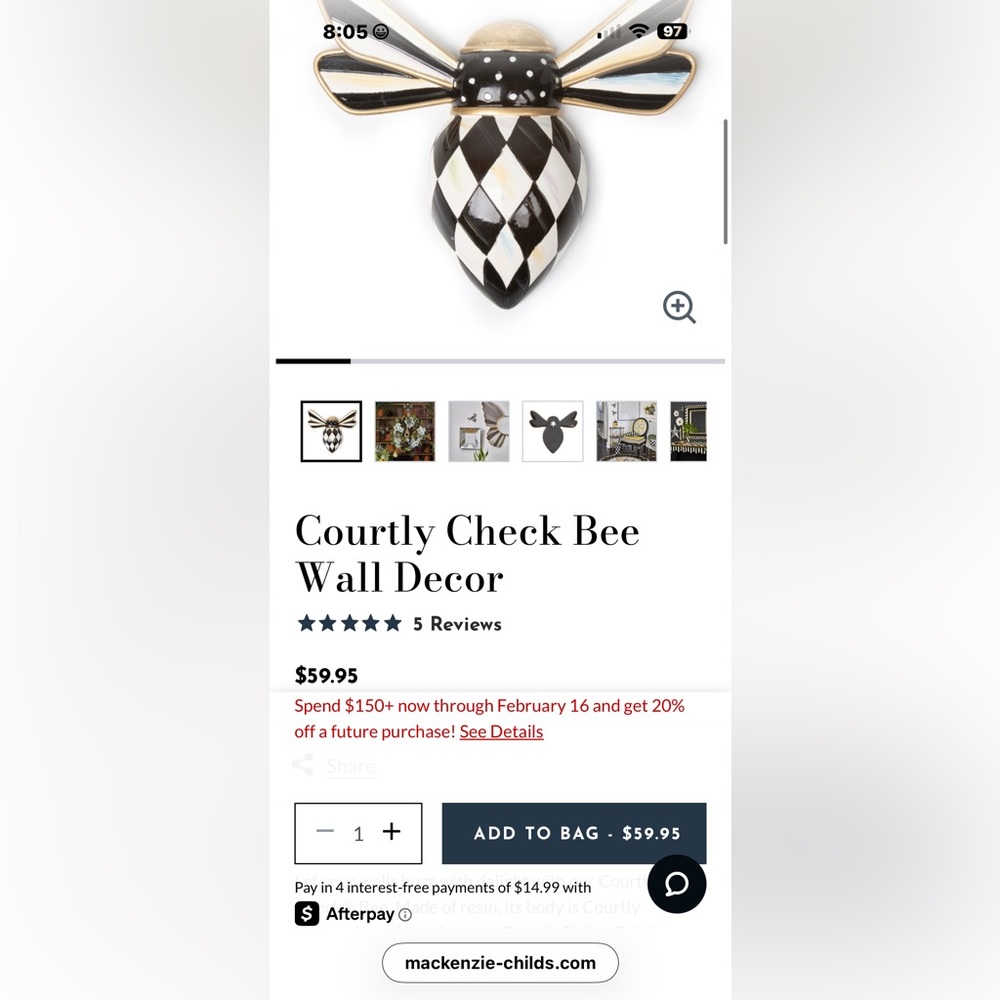 Mackenzie-Childs Checkered Bee Wall Decor - Picture 4 of 4